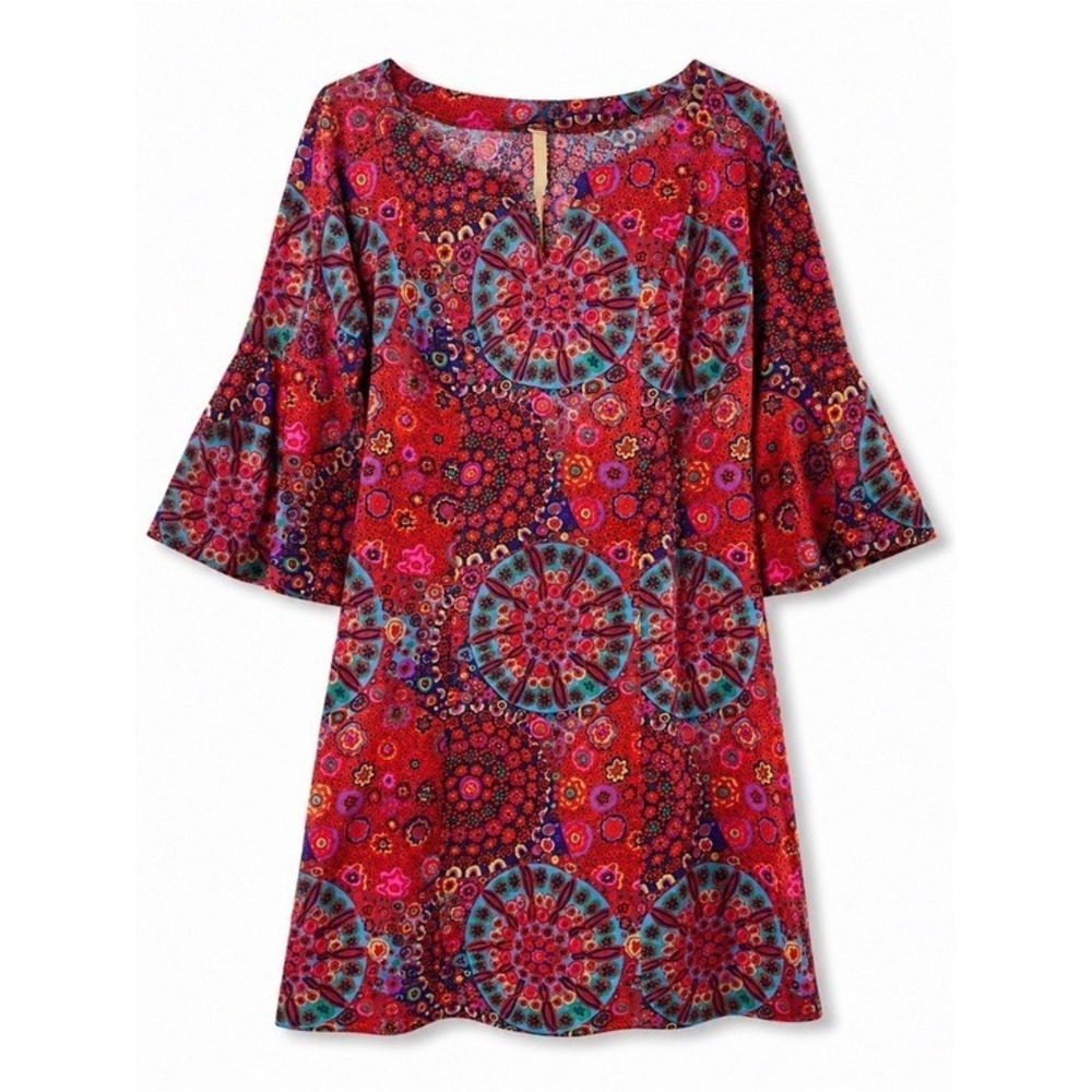 Uncle Frank M Red Mod Print Cotton Shift Dress Bell Sleeve Festival Boho Hippie